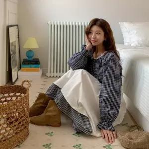 [옷자락] 여성 레이스 지퍼 체크 오프숄더 루즈핏 셔츠