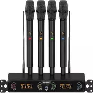 MELLONARE 4채널 무선 마이크 시스템 UHF 랙마운트 가능한 세트 4배 10 주파수 260피트 범위 노래 노래방