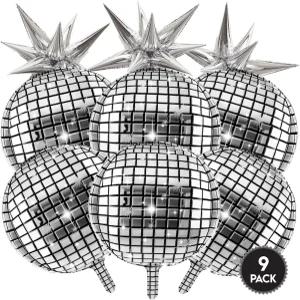 새해 디스코 볼 장식 파티를 위한 별 풍선 리본 파이프가 달린 9-22인치 실버 마일러 포일 팩 바첼로레트