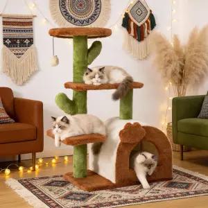 아늑한 콘도 와이드 탑 퍼치 멀티 레벨 클라이밍 및 라운지 공간이 있는 실내 고양이를 위한 선인장 캣