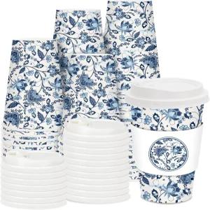 자르테나AMCS 50 세트 뚜껑과 소매가 있는 블루 플로럴 커피 컵 16온스 빈티지 플라워 종이 레트로 일회용