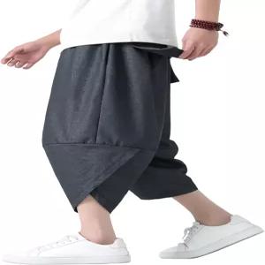 프리주 남성용 린넨 와이드 배기 팬츠 가벼운 7부 카프리 바지 허렘 여름 비치웨어 바캉스룩 루즈핏