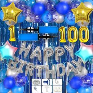 GQCOG 생일 장식 111개 세트 축하 배너 - 숫자 풍선 1-100개 펌프 손에 들고 있는 2팩 12인치 라텍스 50개