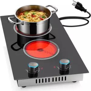 2 버너 전기 쿡탑 120V 12인치 스토브 2000W 노브 제어가 가능한 더블 9단계 열 과열 방지 고온 경보 UL