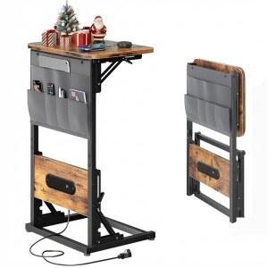 충전소가 있는 HLDDIRECT C자형 엔드 테이블, 수납 가방이 있는 소파 사이드 테이블, 거실, 침실, 러스틱 브라운을 위한 2개의 USB 포트 및 콘센트가 있는 접이식 TV 트레이