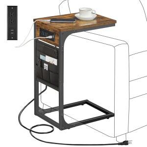 충전소가 있는 TUTOTAK C 모양의 엔드 테이블, 소파용 사이드 테이블, 수납 가방이 있는 소파 테이블, 거실용 USB 포트 및 콘센트 2개가 있는 TV 트레이, 침실, 브라운 TB01BB024