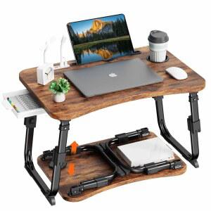 BYMECOST 침대용 노트북 책상, 높이 조절 가능한 노트북 침대 테이블, 접이식 휴대용 랩 데스크 스탠드, USB/보관 서랍/컵 홀더/슬롯, 업무용 독서용 아침 트레이, 식사 준비용
