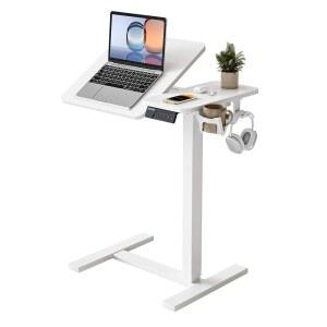휠이 있는 이하요 전기 조절식 침대 옆 테이블, 24 x 16 인치 이동식 스탠딩 책상, 노트북 책상, 이동식 침대 위 테이블 병원 가정용, 흰색