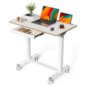 트싱크 모바일 스탠딩 데스크, 서랍이 있는 35인치 소형 롤링 테이블, 높이 조절 가능한 좌식 스탠드 워크스테이션, 숨겨진 바퀴가 있는 흰색 휴대용 노트북 카트 또는 잠글 수 있는 캐스터