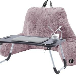 네슬 모피 독서 베개와 노트북 랩 데스크, 앉아서 사용할 수 있는 스타일리시한 등받이 베개, 성인 및 침대에 앉을 수 있는 독서 베개가 있는 랩 데스크, 팔이 달린 인조 모피 의자 베개 - 더스티 퍼플