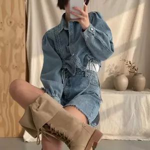 [하프클럽/]여성 셔링 퍼프 칼라 크롭 청자켓 투웨이 봄용