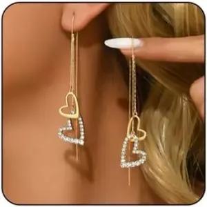 라인스톤 하트 태슬 귀걸이 14K 골드 도금 러브 행글링 저자극 스테인리스 스틸 참 롱 크리스탈 여성용