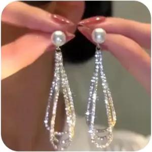라인스톤 진주 롱 태슬 댕글 귀걸이 반짝이는 크리스탈 물방울 눈물 방울 우아한 결혼식 파티 신부 주얼리