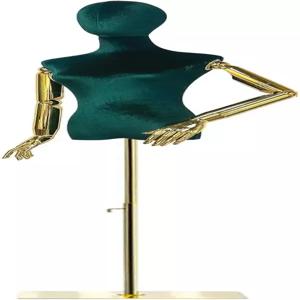 DE-LIANG 여성 벨벳 드레스 폼 마네킹 금속 팔 녹색 황금 있는 창문 조절 베이스가 금색 원형 몸통