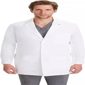 힐링 핸즈 로건 남성용 화이트 랩 코트 포켓 5개 니트 디테일 및 측면 슬릿 등 길이 34 1？2 360 스트레치