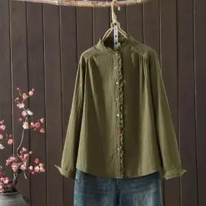 포뇨 레이스 면사 긴팔 이른 셔츠 차이나 상의 여자 빈티지 봄 캐주얼 OPH1