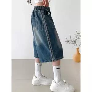 [하프클럽/]데님 라인 버뮤다 풀밴딩 와이드 청반바지 캐주얼 데일리룩