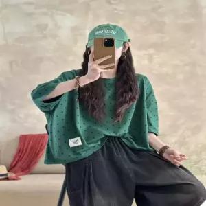 패브릭픽 여친 하계 프린트티 도트 프린트 반팔 티 오버핏 풀오버 라운드 톱 5부 HO2