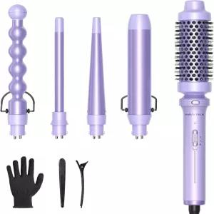 웨이브토크 5 in 1 컬링 언 브러시가 장착된 완드 세트 교체 가능한 세라믹 4개 0.5-1.25인치 즉시 가열 열