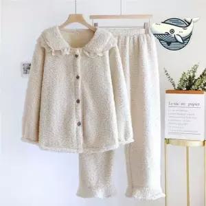 커플잠옷 부드러운 양털 레이스 카라 프릴 잠옷 따뜻한