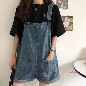 여성 귀여운 롤업 청 패션 멜빵 스타일 반바지 멜빵청zab437