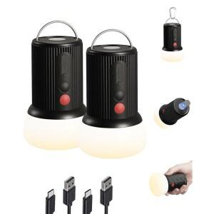 후크가 달린 LED 충전식 캠핑 랜턴 - 6000mAh 긴급 야외 캠핑 조명, 하이킹, 배낭여행, 낚시, 정전을 위한 IPX5 방수 휴대용 텐트 조명(블랙 2팩)