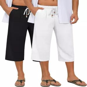 니어 남성용 린넨 카프리 팬츠 2팩 세트 가볍고 시원한 7부 바지 빅사이즈 밴딩 드로스트링 비치웨어 요가