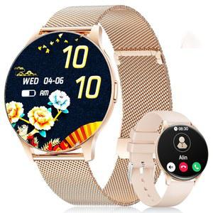 여성용 LIGE 스마트워치, 1.43인치 AMOLED 화면 스마트워치( 용/안드로이드/삼성용), 120개 이상의 스포츠 모드를 갖춘 피트니스 트래커, 수면/ 모니터, IP68 방수, 2밴드, 골드