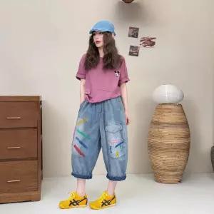 손오천 여친 팬츠 청 캐주얼 여름 빈티지 워싱 청바지 밴딩 데일리룩 레터링 7부 KUK2