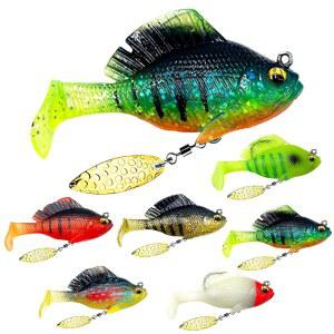 호슬로 6pcs 프리 리깅 지그 헤드 소프트 낚시 미끼, 숨겨진 초단파 갈고리와 스피너 블레이드로 담수 미끼를 유인하는 패들 테일 베이스, 배스 낚시를 위한 다재다능한 자연 먹이 수영 미끼 모방