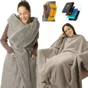 존리 전기 웨어러블 온열 담요 2-in-1 디자인 휴대용 무선 배터리 작동식 숄 가정용 사무실 여행용 충전식