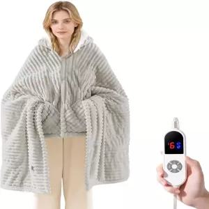 후드와 포켓이 있는 온열 담요 착용 가능한 전기 6가지 난방 수준 및 12시간 타이머 설정이 랩 숄 세탁기