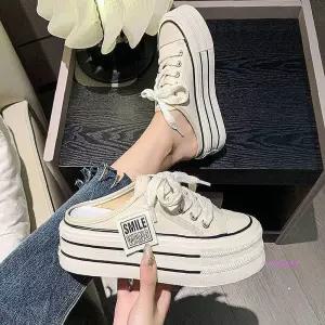 여자 라벨지 캔버스 블로퍼 뮬 사이드 스니커즈 통굽 캔버스뮬mno357