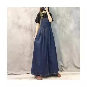 여성용 청치마 끈 데님 스커트 빈티지 슬림핏 캐주얼 멜빵 롱 KS1