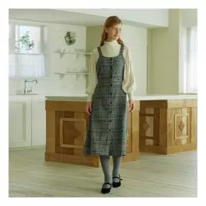 출근룩 봄코디 비키 [정가99000] 체크 뷔스티에 버튼 롱원피스 (TJOAY2544)