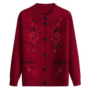 가을 겨울 여성 가디건 양털 할머니 어른 빨간 스웨터 여자 카디건 자수 꽃