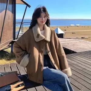 루타꽁몰 여성용 페이크 가죽 퍼 재킷 코트 일체형 HO1