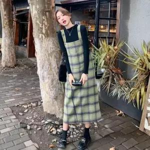 엘럽 스커트 원피스 초록 롱 모직 빈티지 가을 여자 멜빵 체크 도톰 박템3