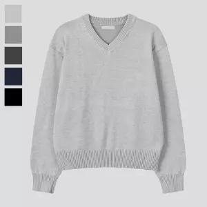 남자 퓨어 브이넥 크롭 긴팔 니트티 RM-KN-Q070-백멜란지