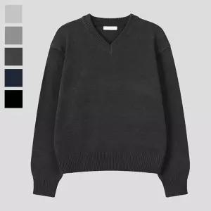 남자 퓨어 브이넥 크롭 긴팔 니트티 RM-KN-Q070-먹색