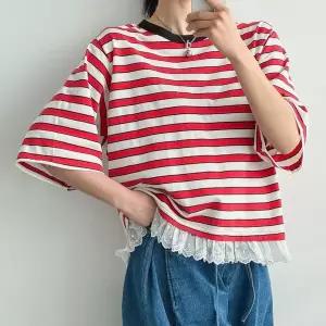 [하프클럽/]여자 레이스 레이어드 배색 라운드 단가라 반팔 티셔츠