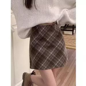 스커트 여성 모직 가을 빈티지 정장 체크 메일라드 랩 BE3