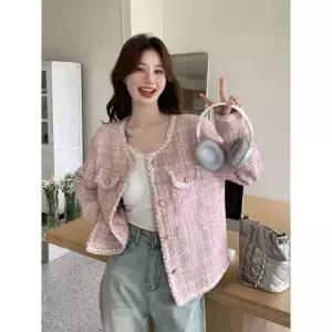여사친 핑크 코트 춘추 풍 트위드 쇼트 톱 OP3