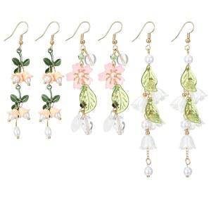 플라워 귀걸이, 롱 댕글 플로럴 태슬 귀걸이 경량 트렌디 드롭 댕글 귀걸이 여성용 앙증맞은 요정 귀걸이 스터드