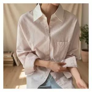 [하프클럽/]여성 데일리 루즈핏 스트라이프 배색 긴팔 카라 셔츠