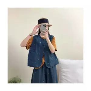 여자 봄 가디건 카디건 컬러 도트 데님 조끼 빈티지 캐주얼 레이어드 톱 ST1
