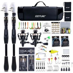 고투르 망원 낚싯대와 릴 콤보, 탄소 섬유 여행 낚싯대, 9+1 BB 스피닝 릴, 땋은 선이 있는 소금물 민물 낚시 장비 키트, 미끼, 배스 트라우트용 캐리어