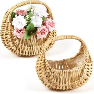 타이인 2팩 라탄 플라워 걸 바구니 반달 빨대 위커 손잡이 포함 6.7 x 6.5 4.3 웨딩 피크닉 정원 보관 및