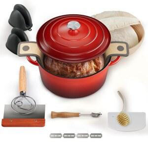 [미국배송] 빵 굽기용 무쇠 더치 오븐 배네톤 프로핑 바구니 및 사워도우 베이킹 용품 뚜껑이 있는 5QT 다기능 에나멜 네덜란드 오븐 냄비 팬 빨간색