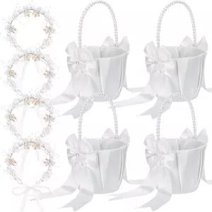 페로셰프 웨딩 플라워 걸 바구니 진주 손잡이 리본 활이 달린 보리 4개 세트 결혼식 생일 파티를 위한